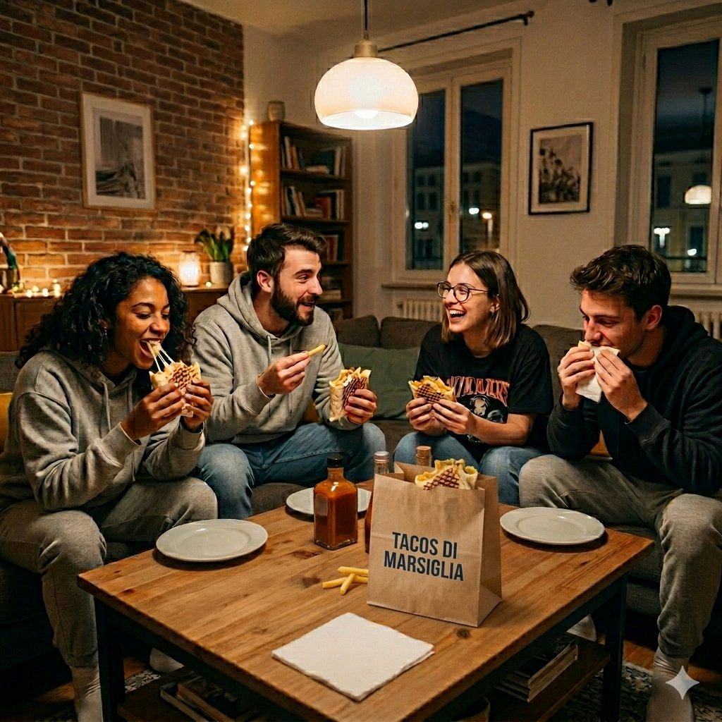 Amici che mangiano French Tacos di Marsiglia Genova a casa – serata perfetta con consegna a domicilio